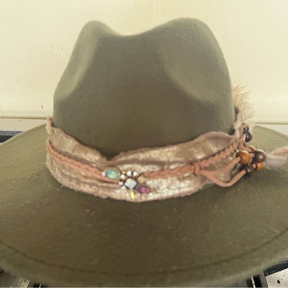 Olive Green Women's Hat with Beaded Band